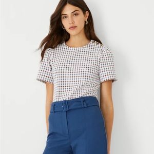 Ann Taylor Plaid Button Sleeve Top in Winter White